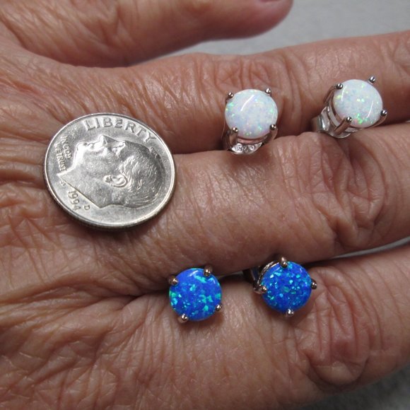 Dainty OPAL Stud Earrings> 925 Sterling > Choice of Blue or White Opal - Picture 4 of 5
